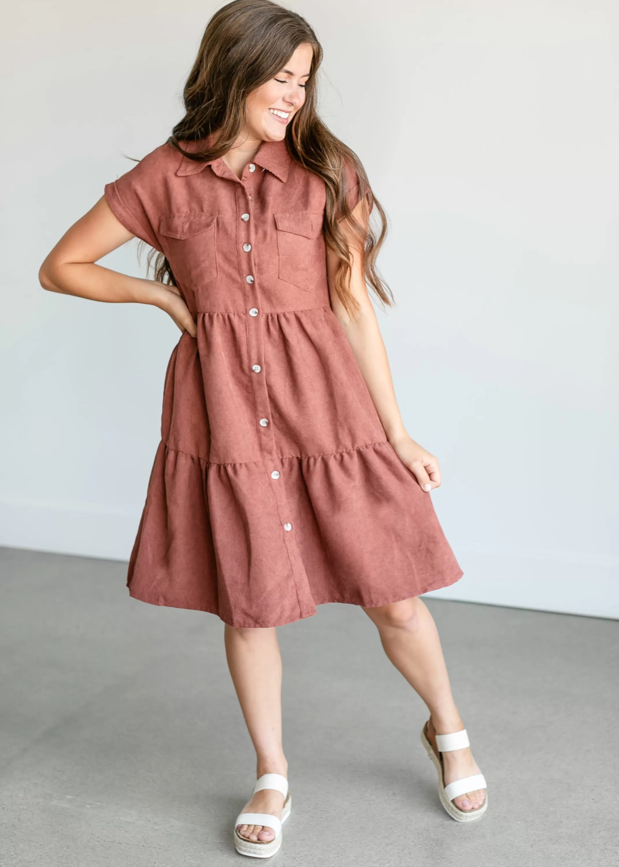 New Button Up Corduroy Midi Dress Women Plus Size