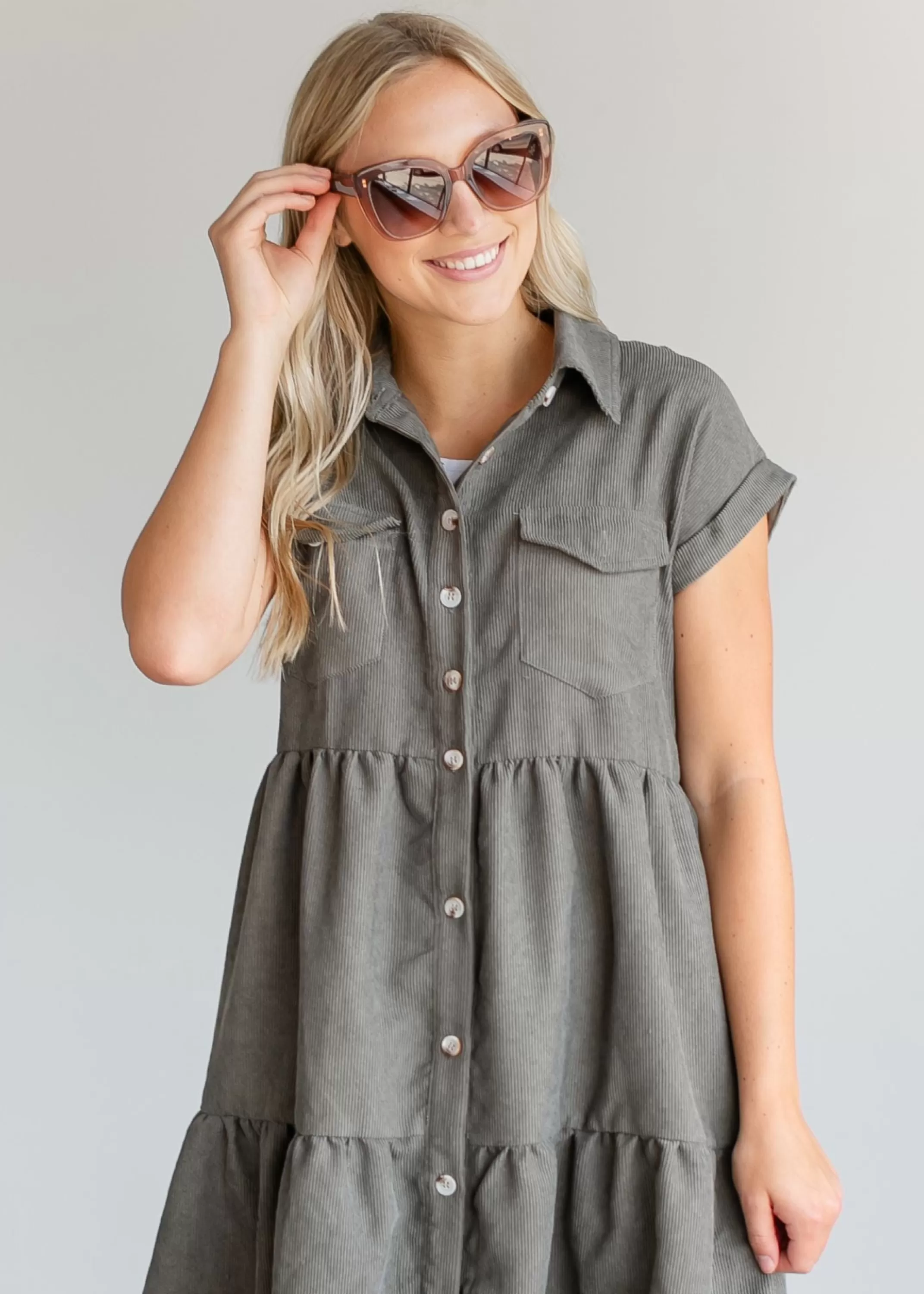 New Button Up Corduroy Midi Dress Women Plus Size