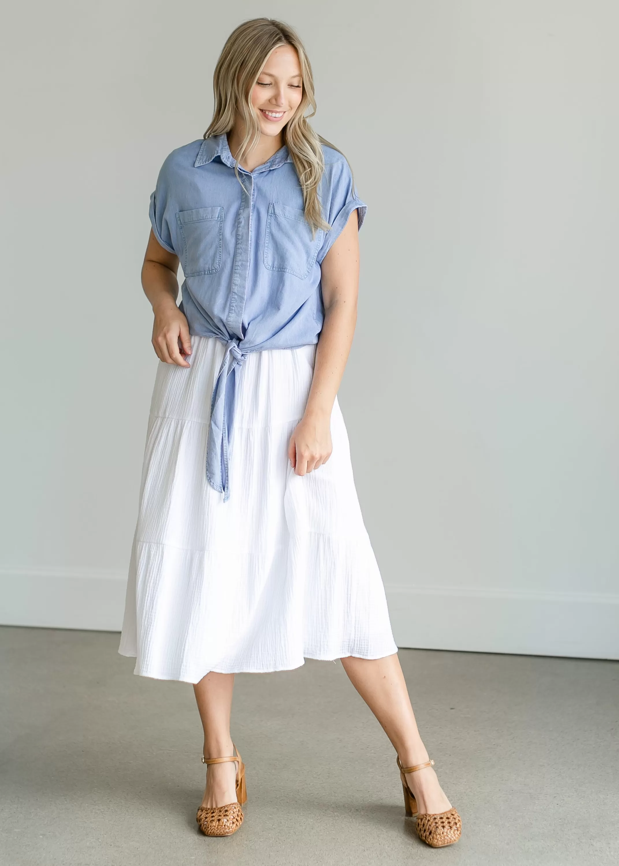 Cheap Chambray Short Sleeve Knotted Top Women Nursing Friendly