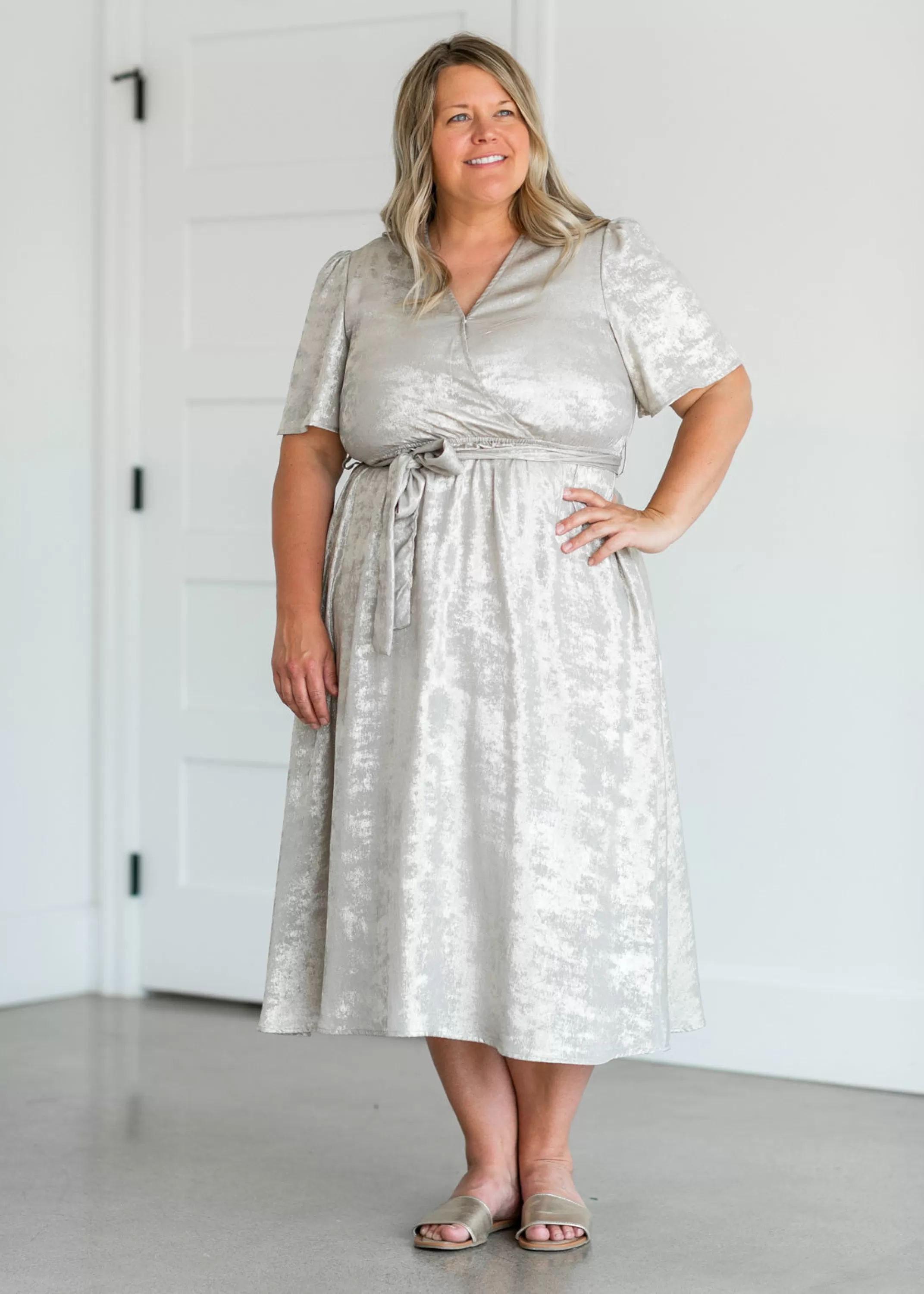 Cheap Champagne Foil Wrap Midi Dress Women Nursing Friendly
