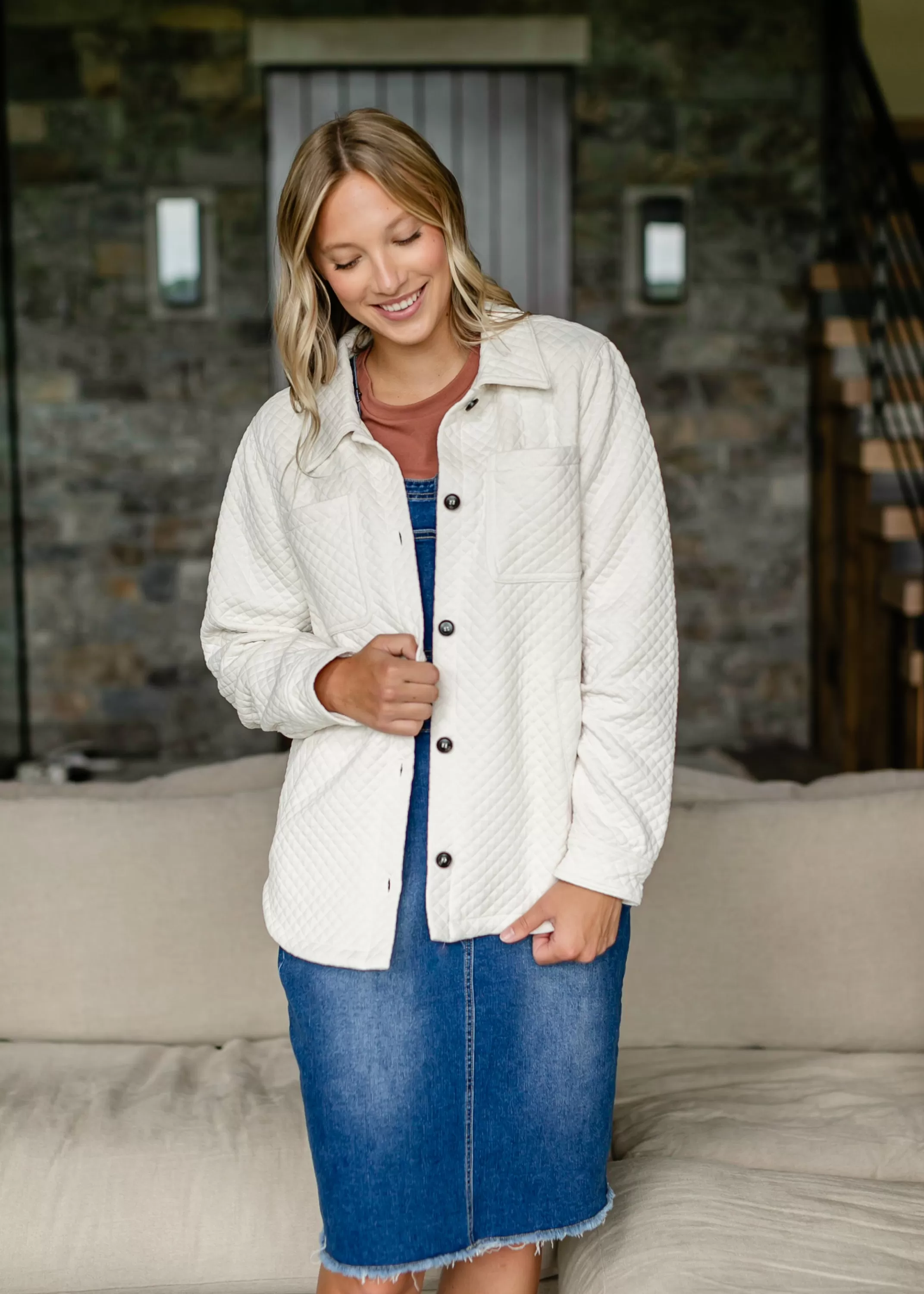 Online Diamond Quilted Button-Up Shacket Women Jackets