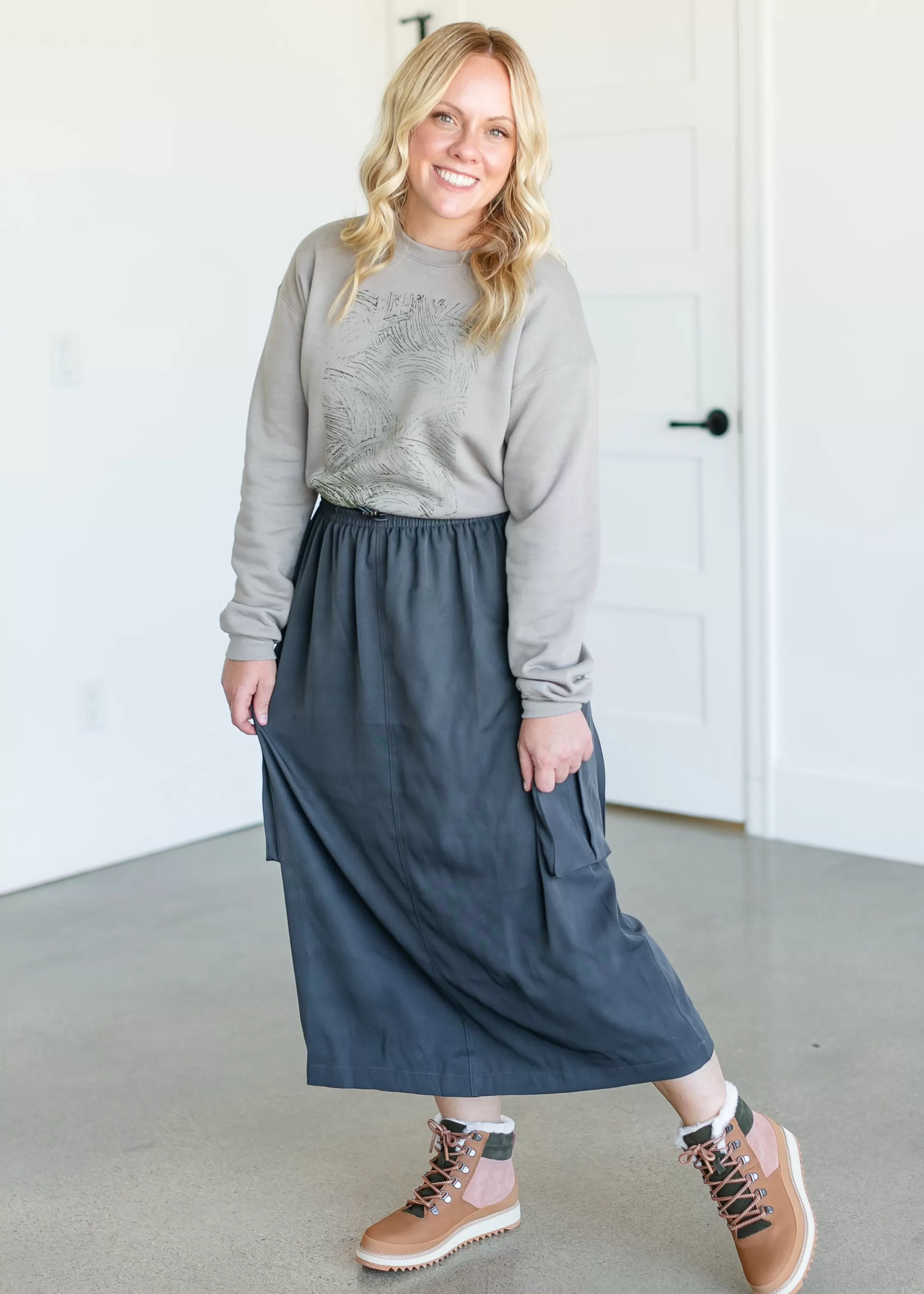 Sale Drawstring Waist Cargo Midi Skirt Women Maternity Friendly