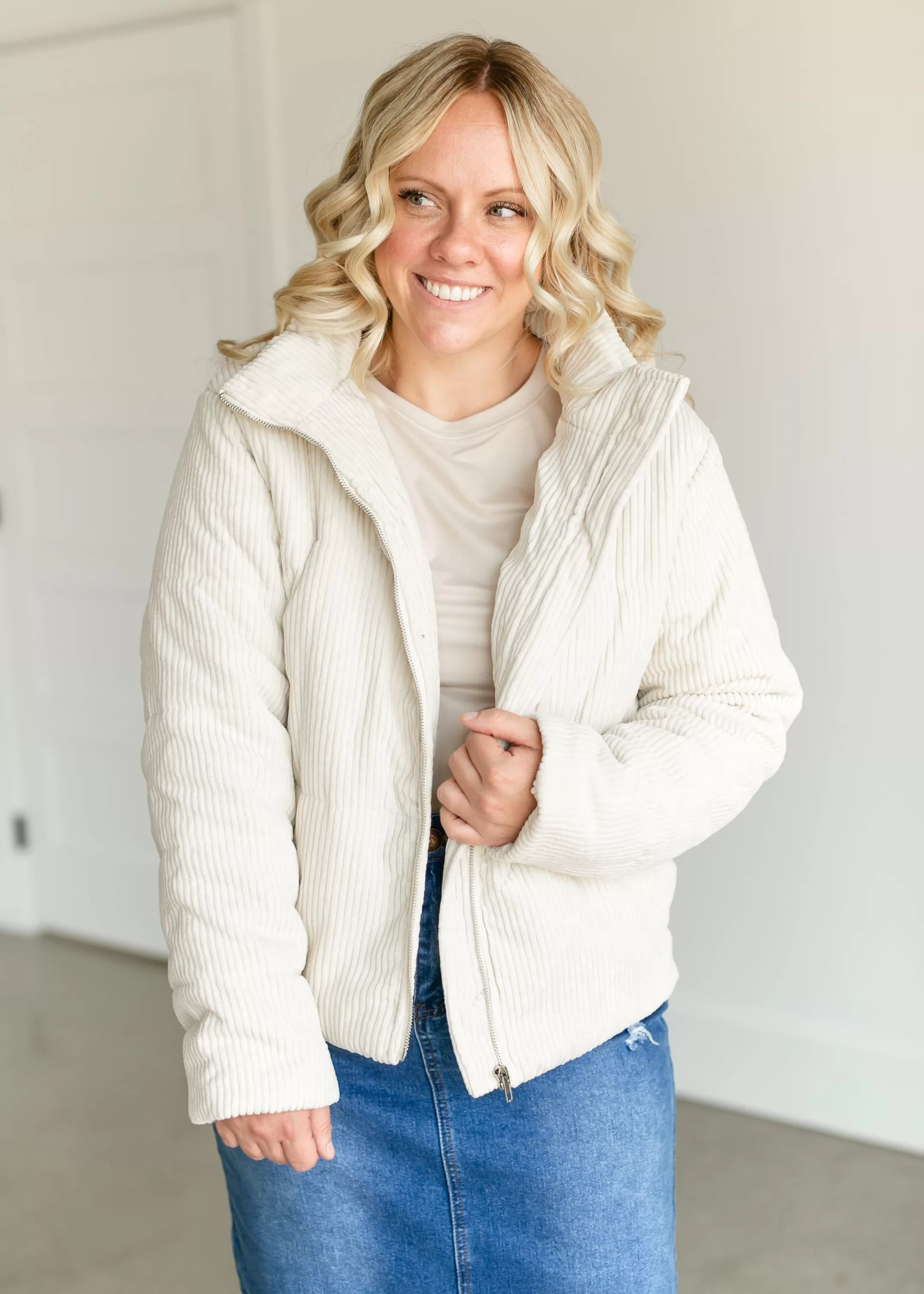 Online Full Zip Corduroy Puffer Jacket Women Jackets