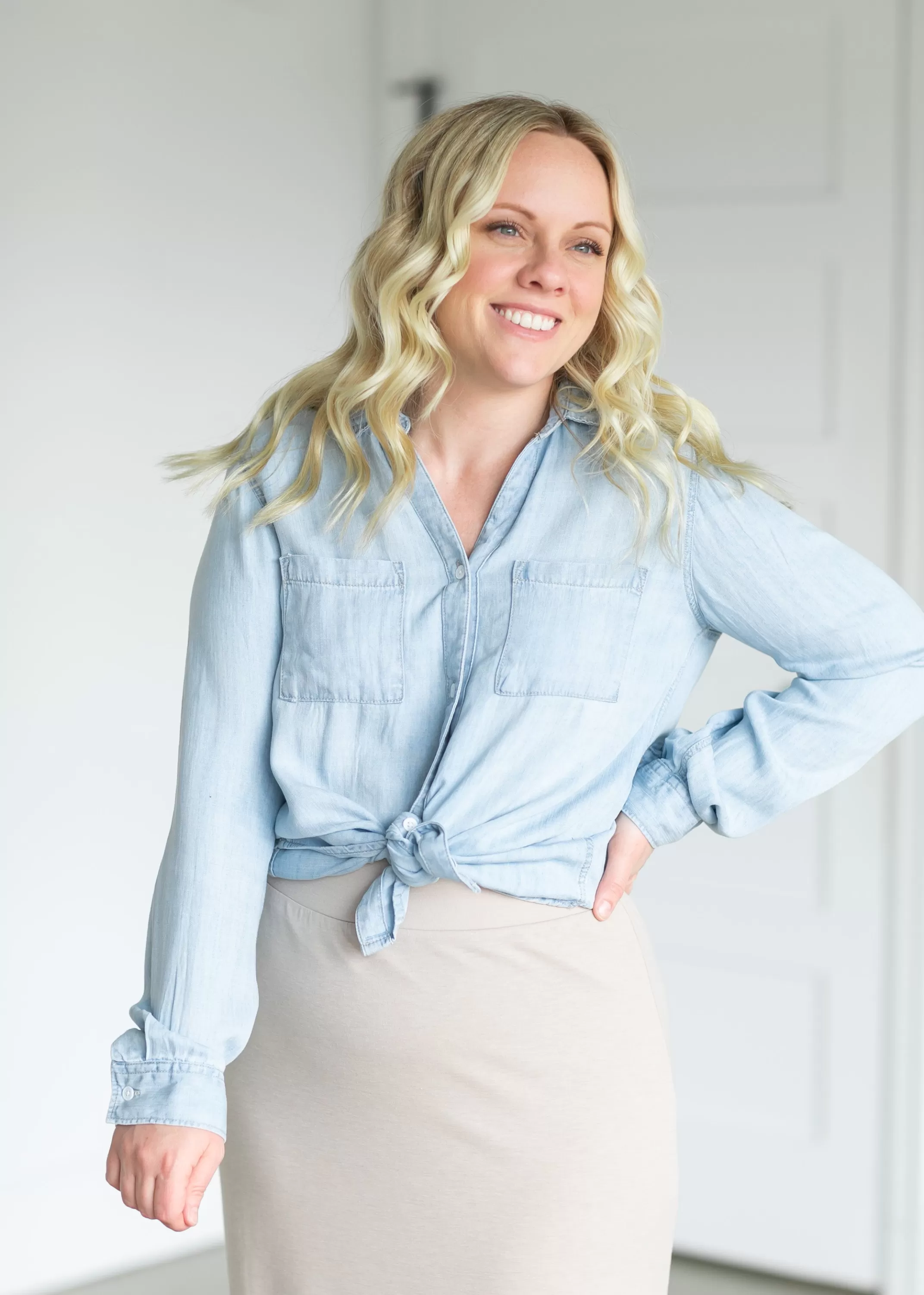 Fashion Ginger Relaxed Fit Chambray Button Down Top Women Nursing Friendly