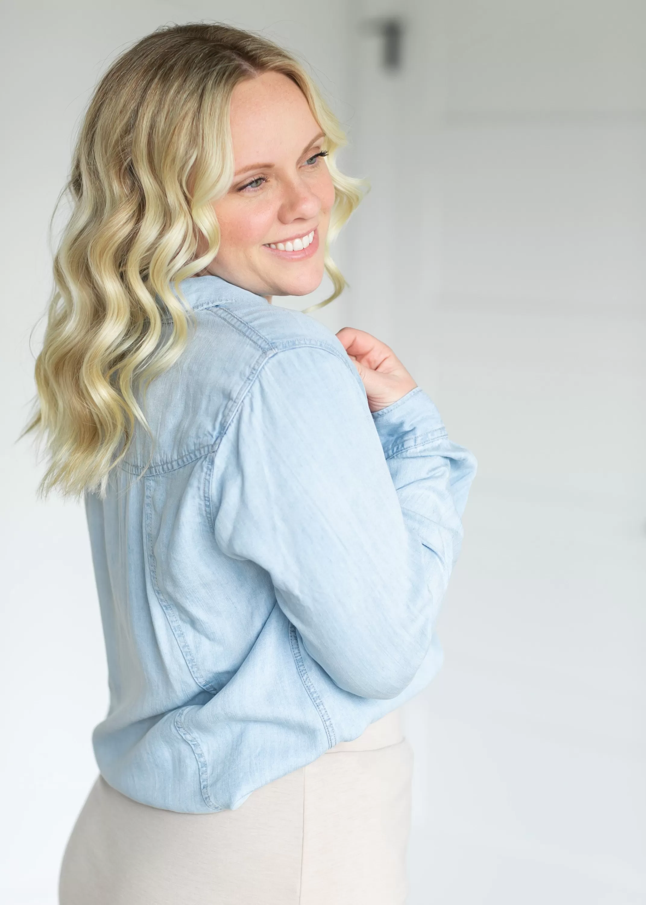 Fashion Ginger Relaxed Fit Chambray Button Down Top Women Nursing Friendly