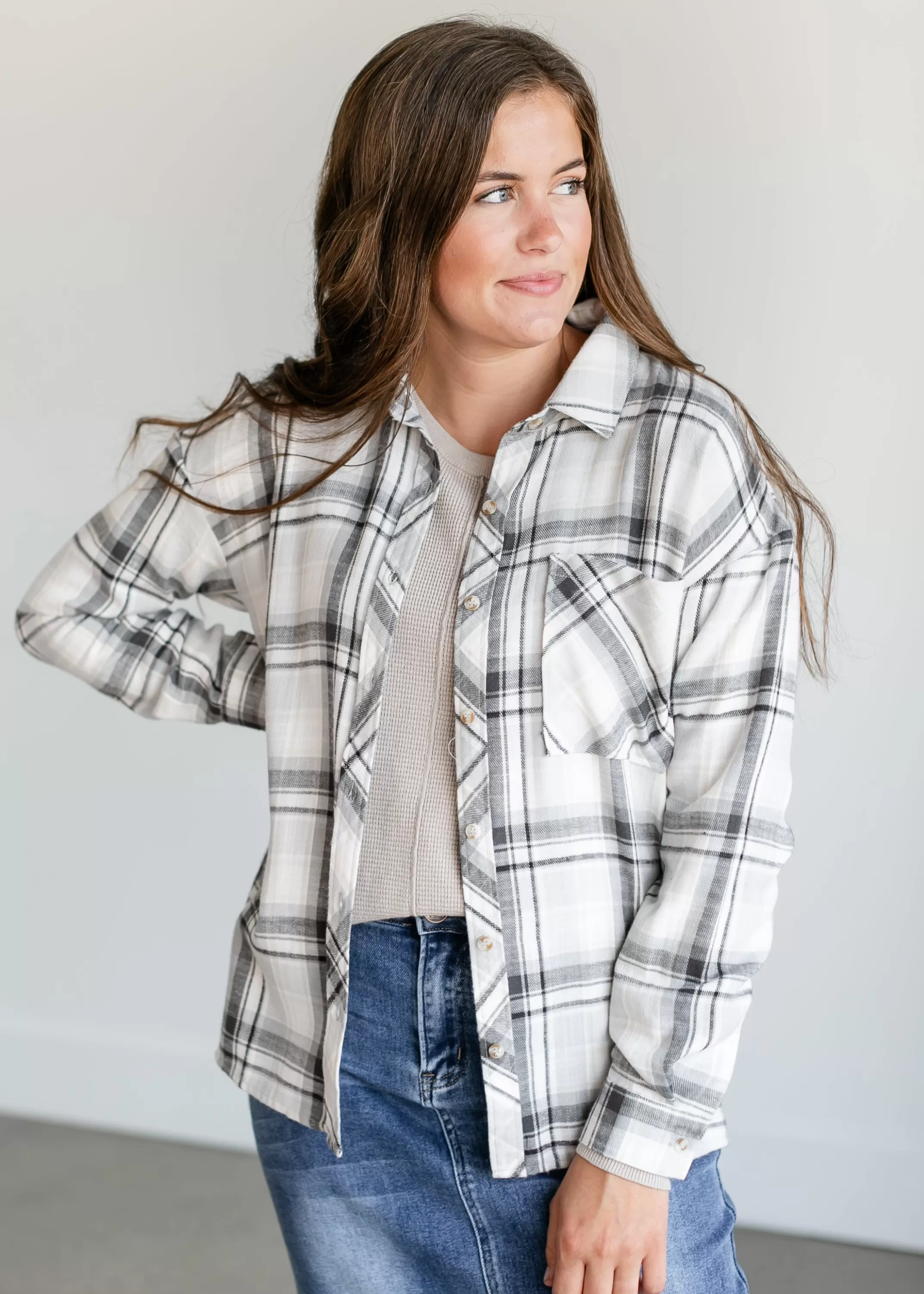 Flash Sale Gray Plaid Button Up Top Women Nursing Friendly