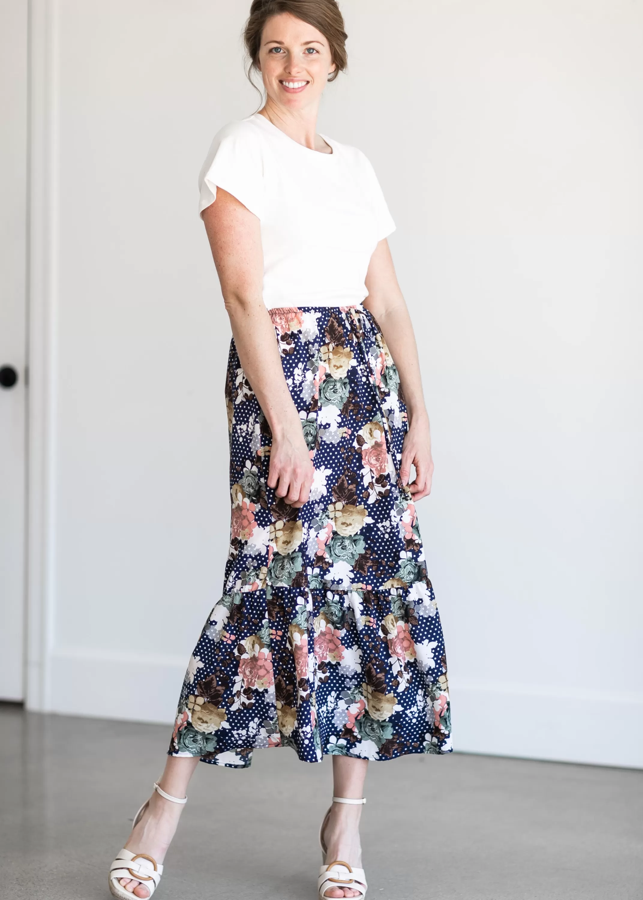 Fashion Navy Floral And Dot Midi Skirt Women Maternity Friendly