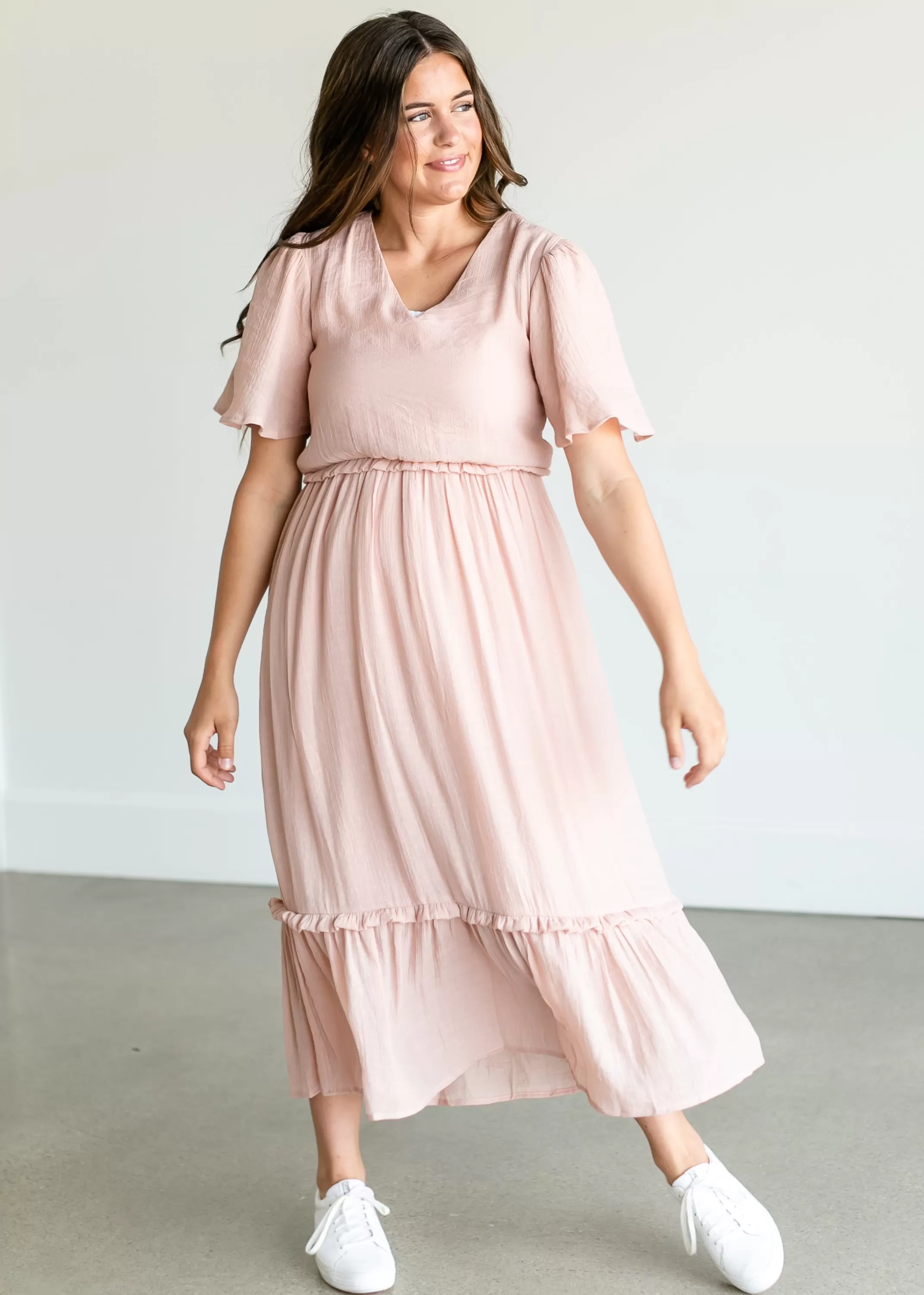 Fashion Pink V-Neck Ruffle Maxi Dress Women Plus Size
