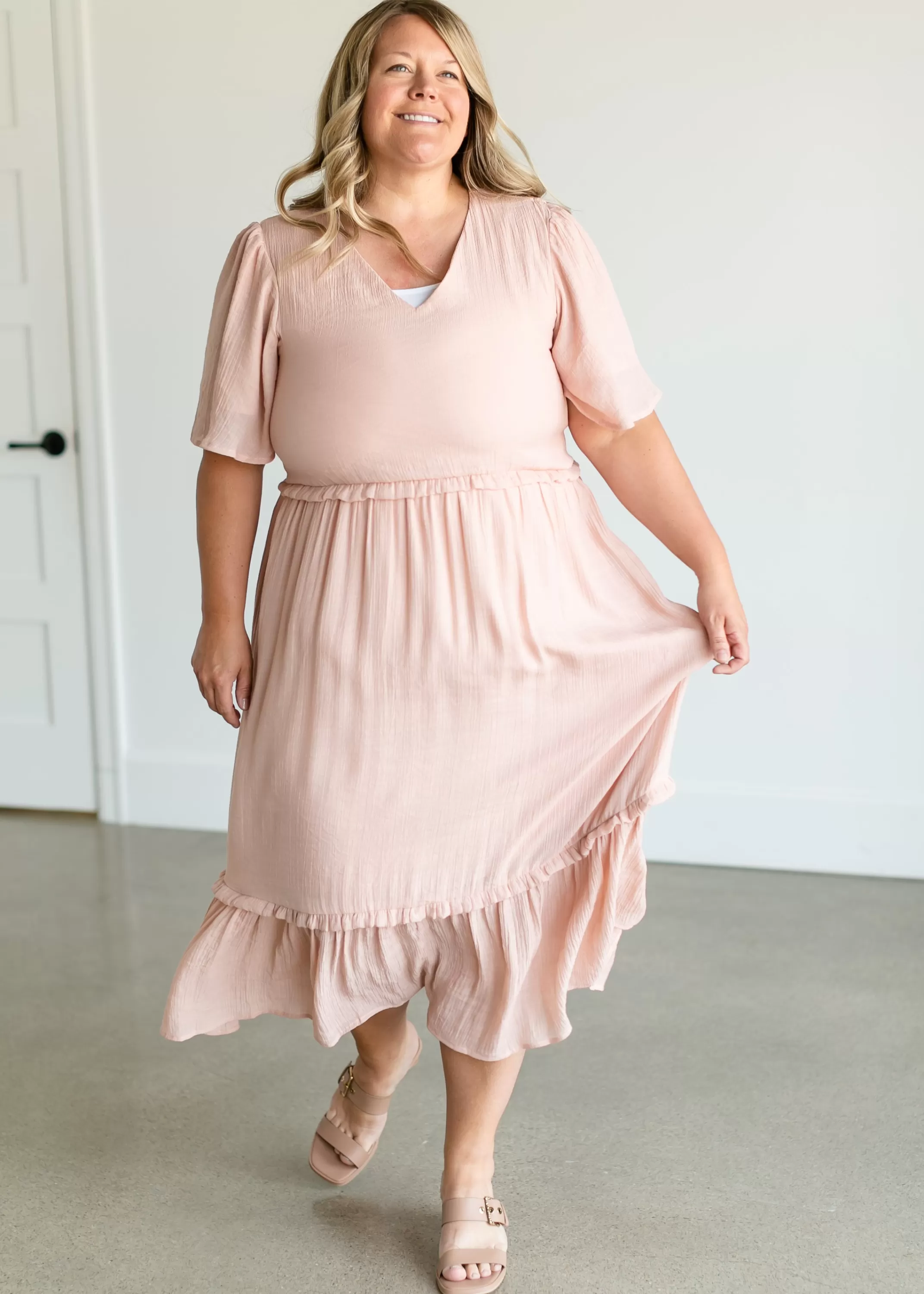 Fashion Pink V-Neck Ruffle Maxi Dress Women Plus Size