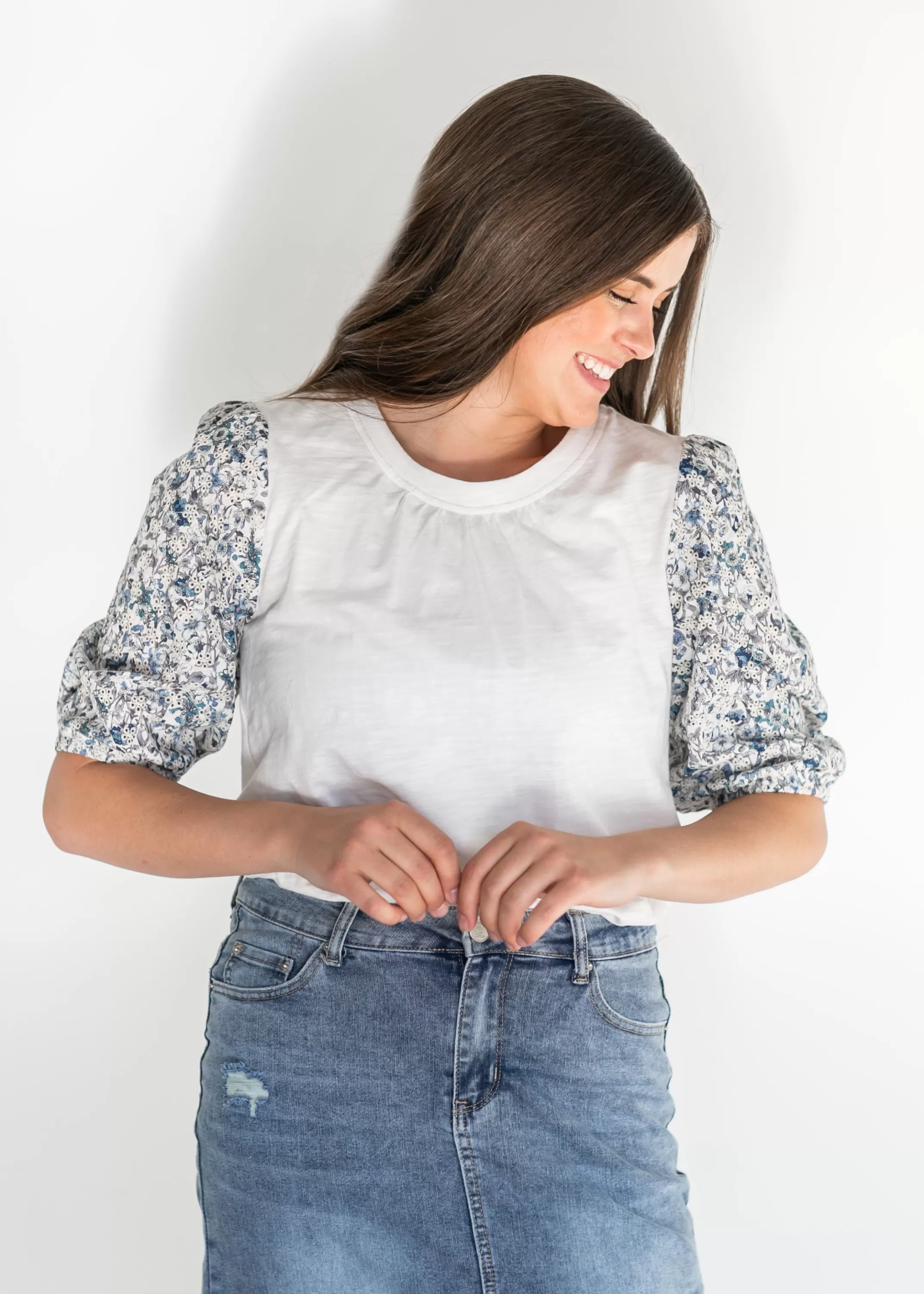 Sale Printed Eyelet Puff Sleeve Knit Top Women Short Sleeve