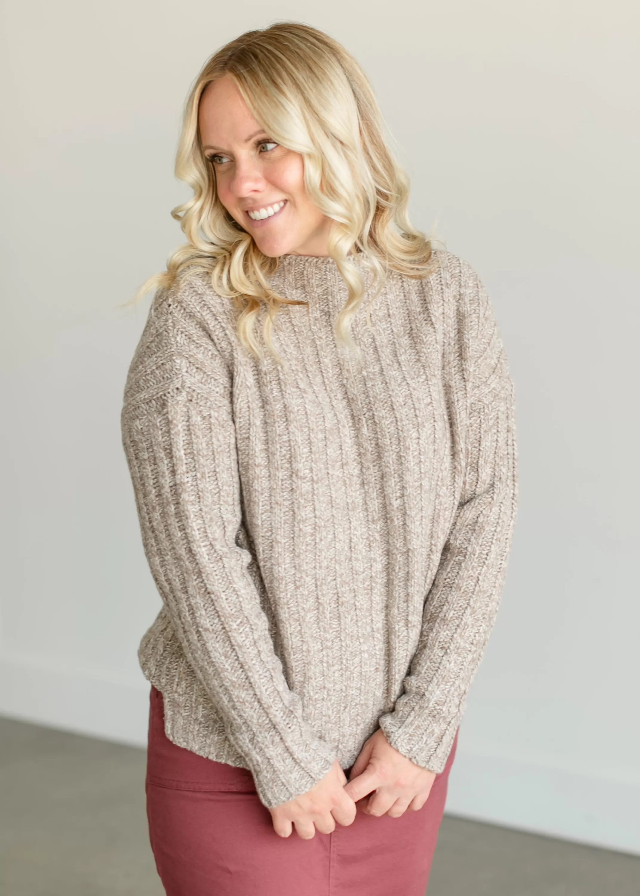 Cheap Ribbed Knit Mockneck Sweater Women Long Sleeve