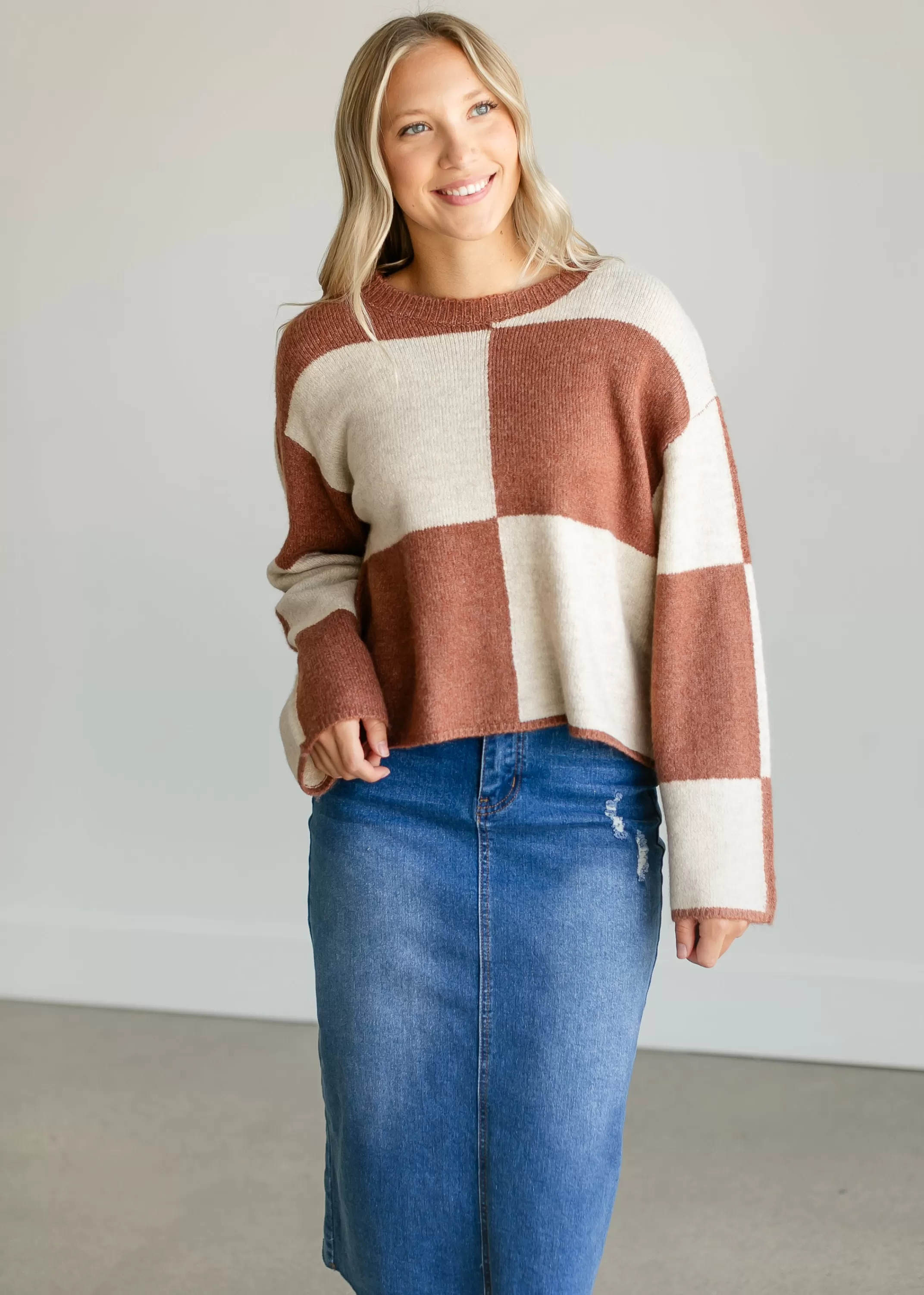 Flash Sale Rosi Checkered Bell Sleeve Sweater Women Long Sleeve