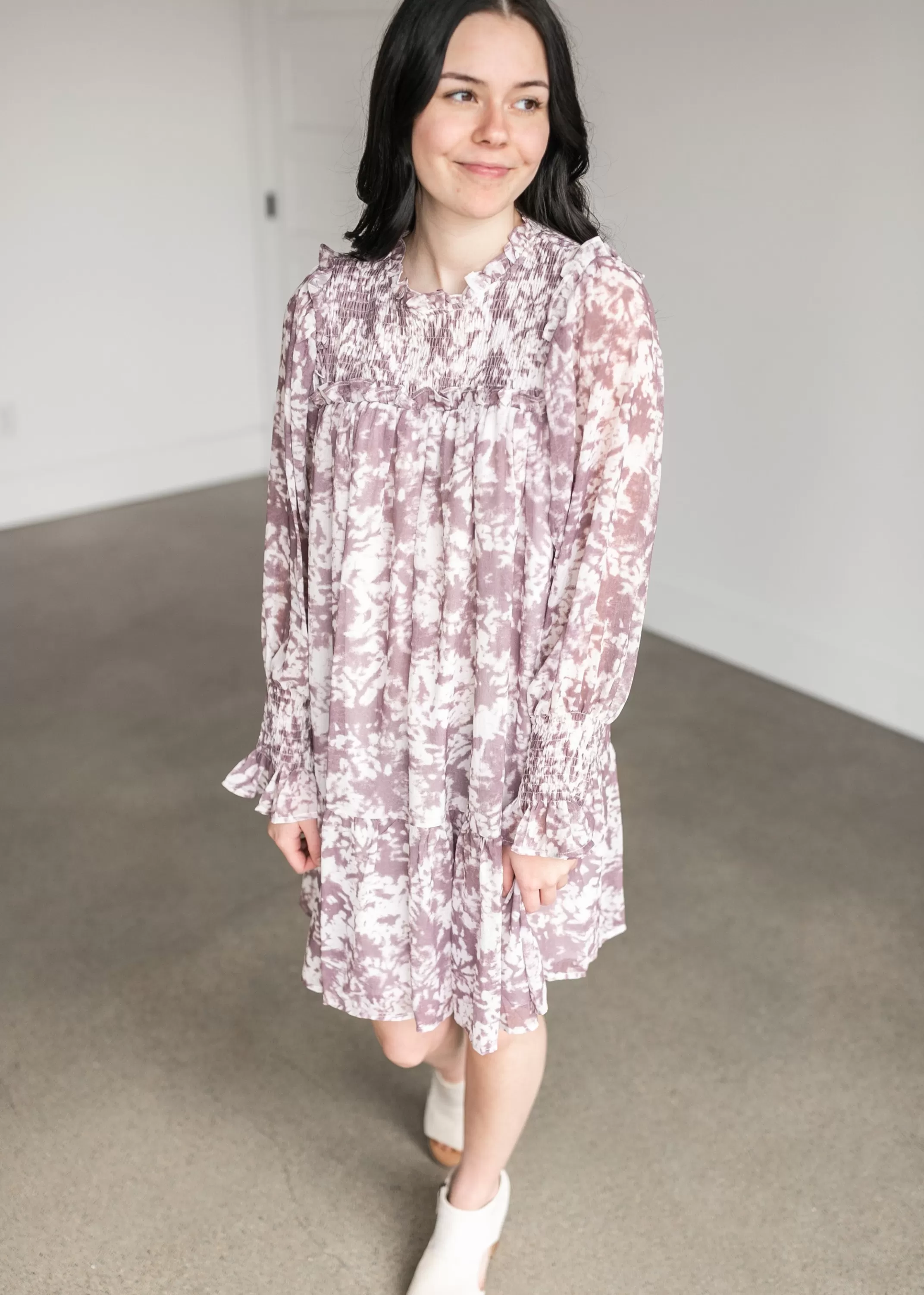 Hot Ruffle Smocked Neck Watercolor Midi Dress Women Maternity Friendly