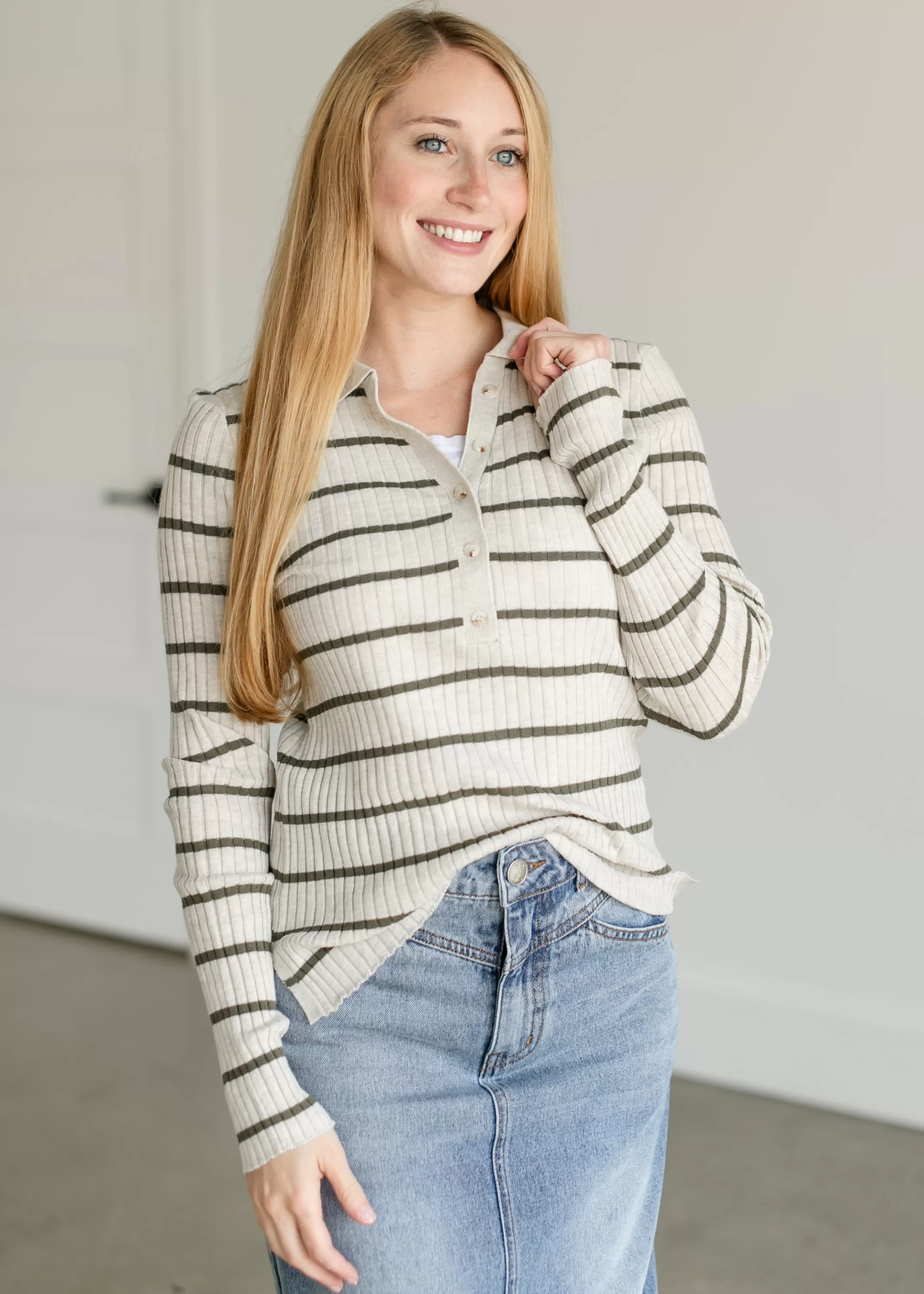 Clearance Savannah Ribbed Striped Polo Top Women Nursing Friendly
