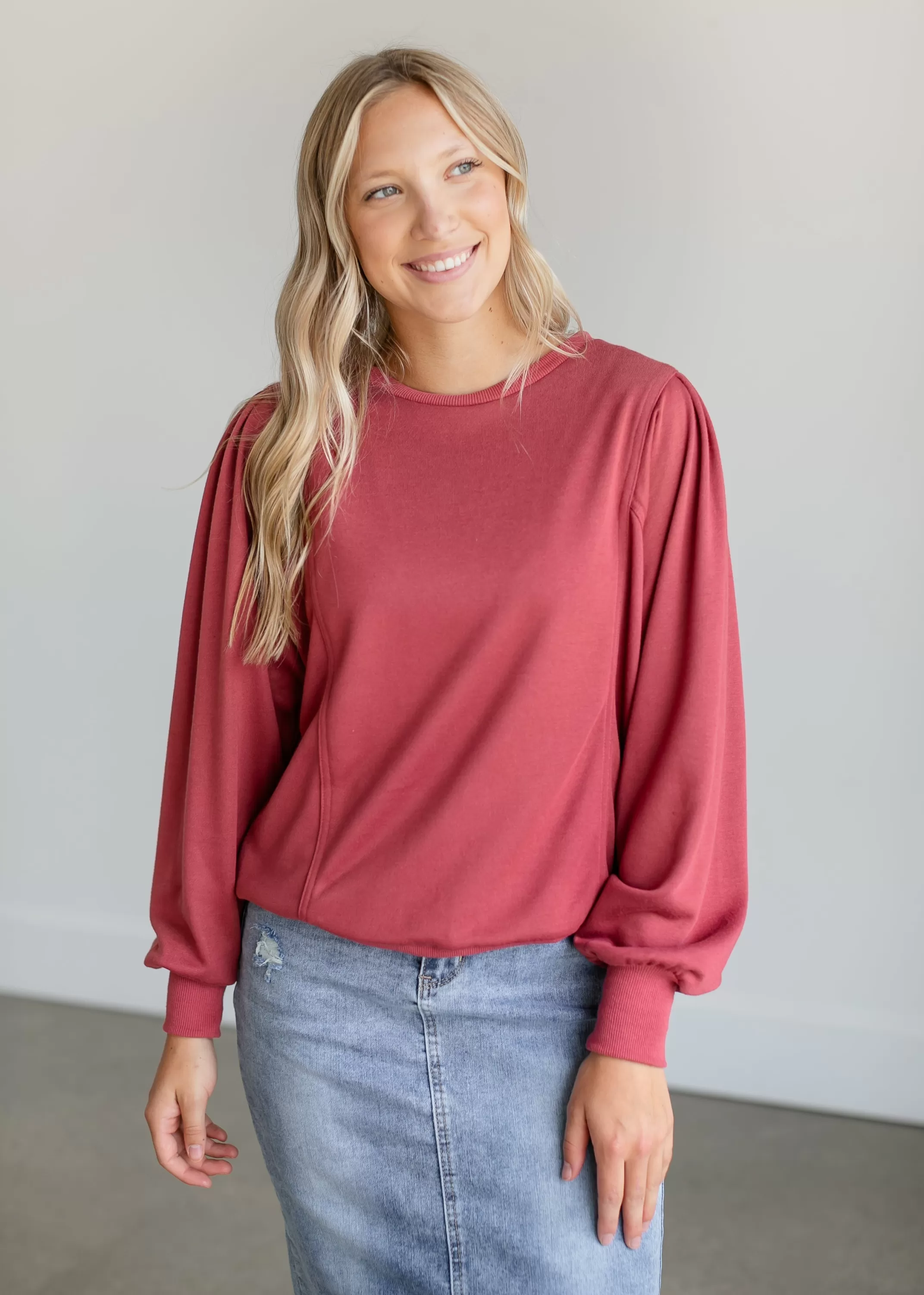 Cheap Shoulder Pintuck Crewneck Sweatshirt Women Long Sleeve
