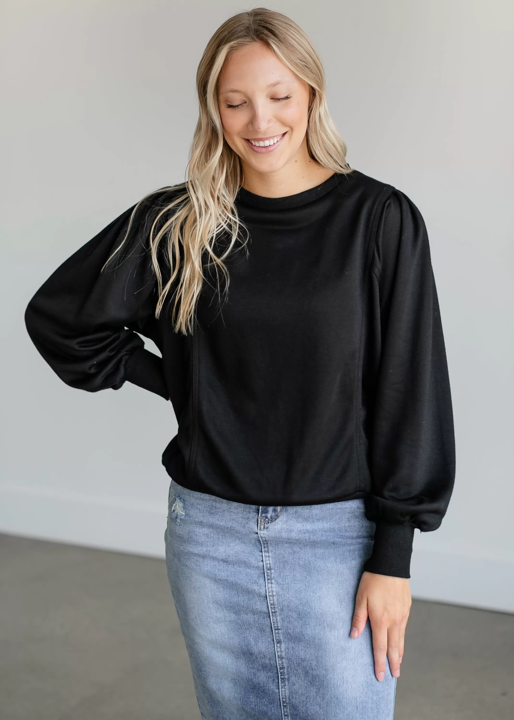 Cheap Shoulder Pintuck Crewneck Sweatshirt Women Long Sleeve