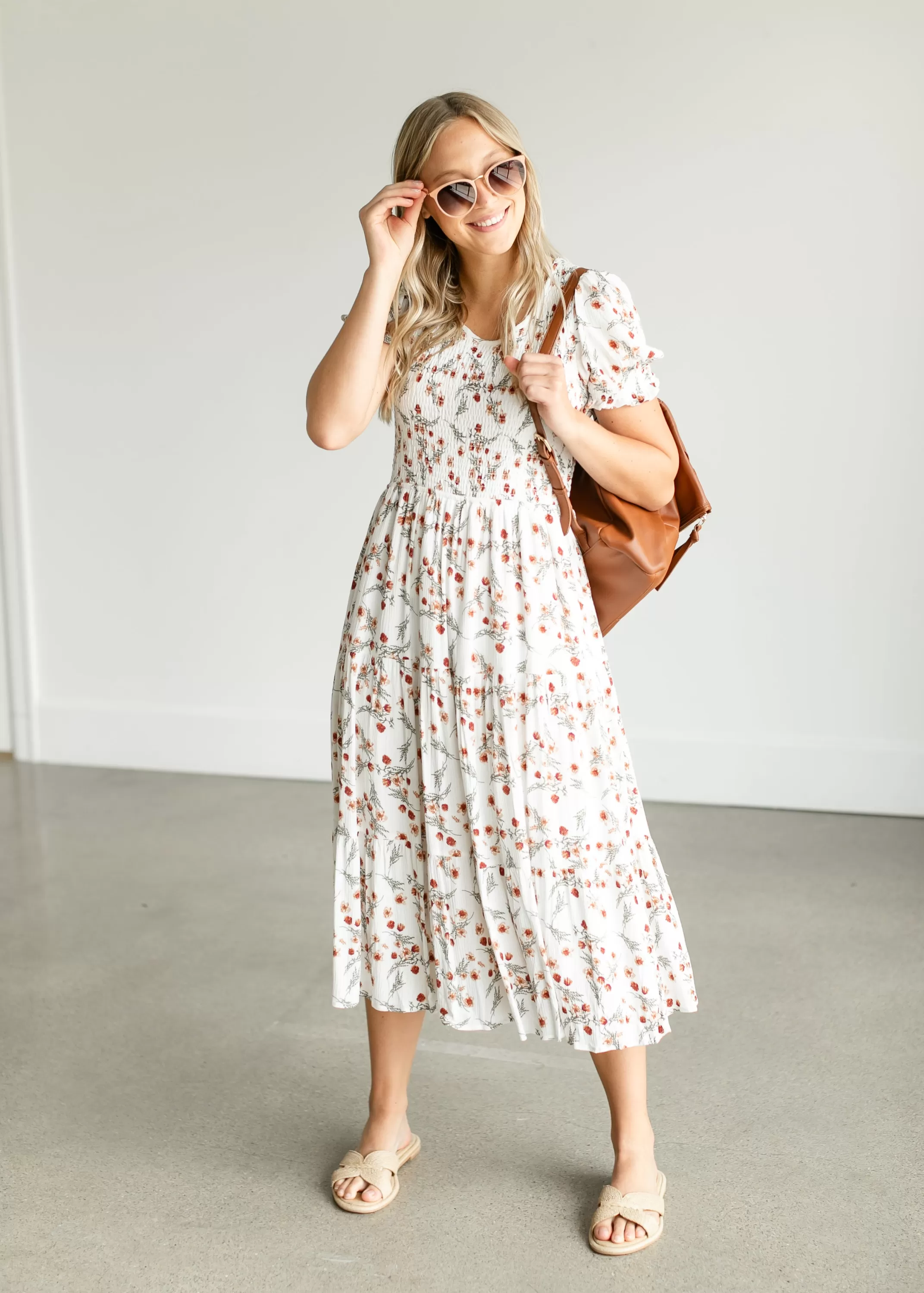 Fashion Smocked Floral Short Sleeve Midi Dress Women Plus Size