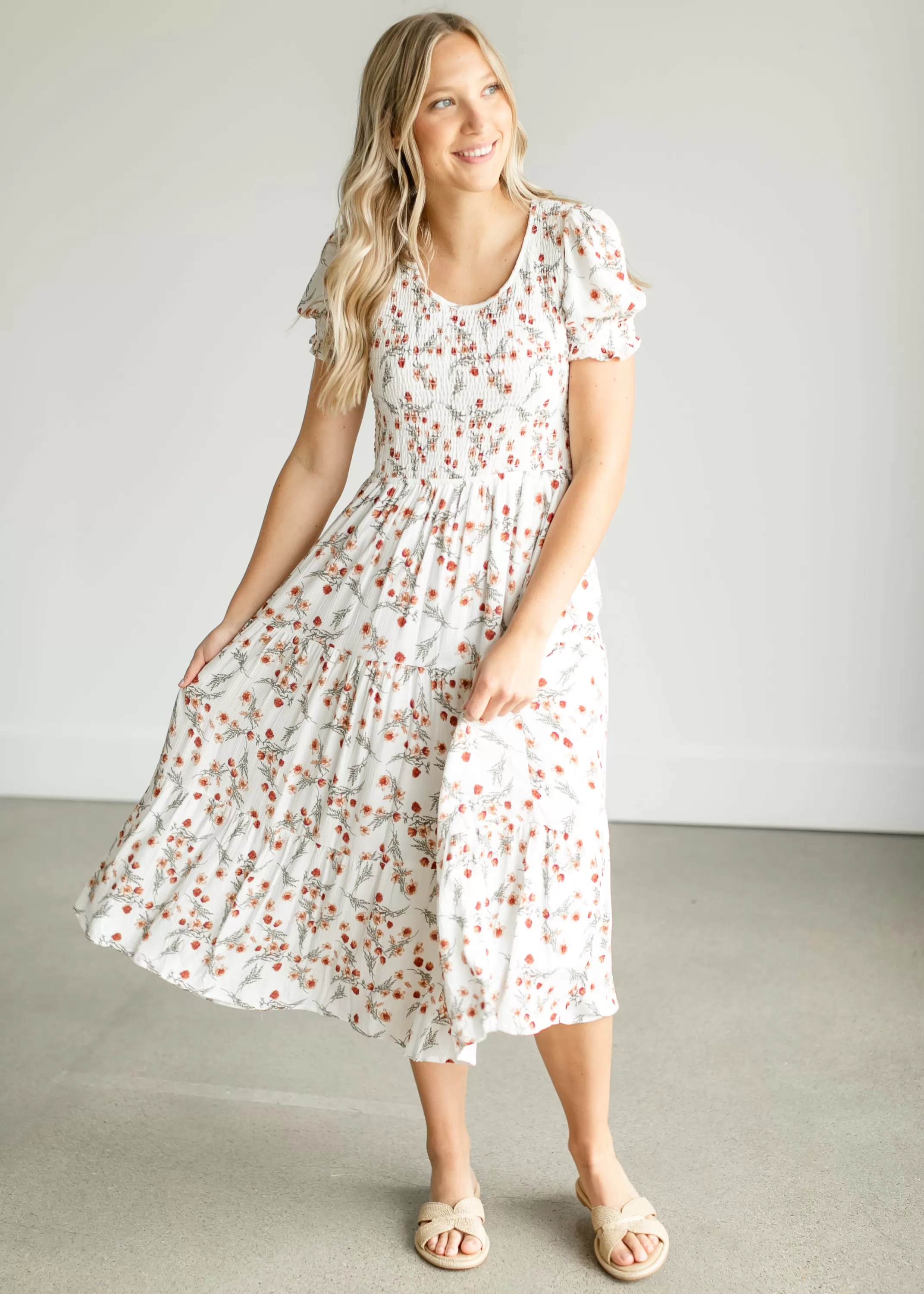 Fashion Smocked Floral Short Sleeve Midi Dress Women Plus Size