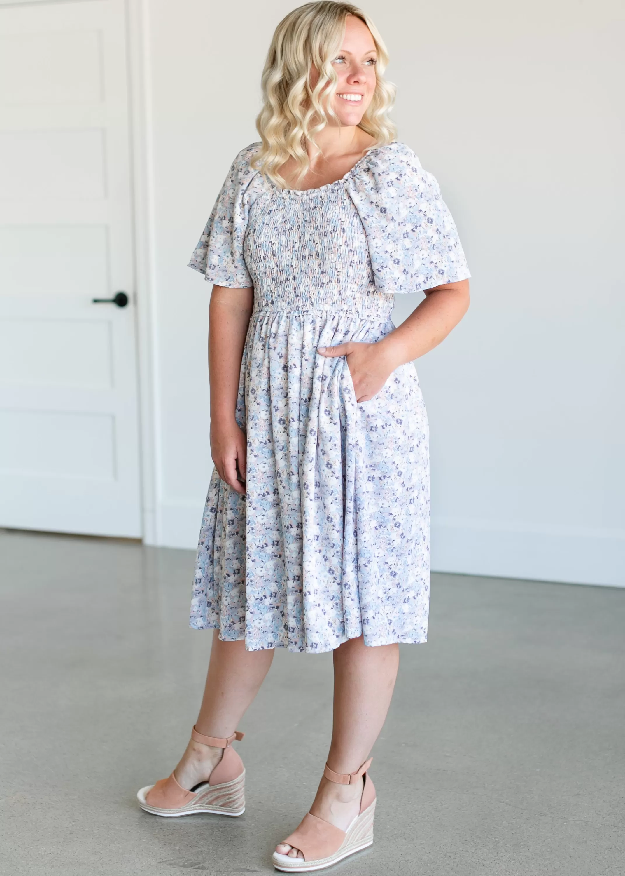 New Square Neck Smocked Floral Midi Dress Women Plus Size