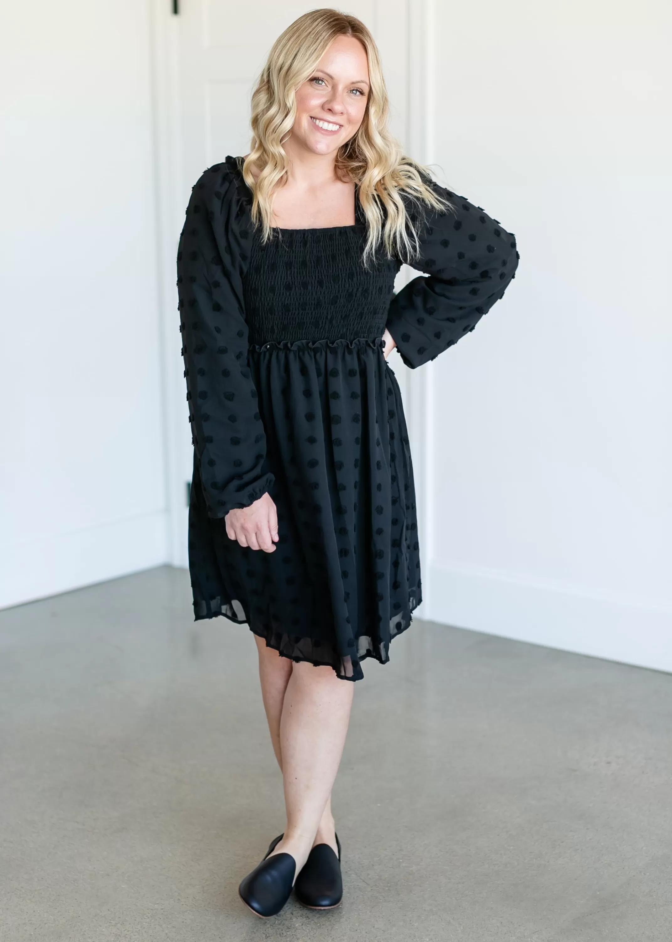 Fashion Swiss Dot Smocked Midi Dress Women Plus Size