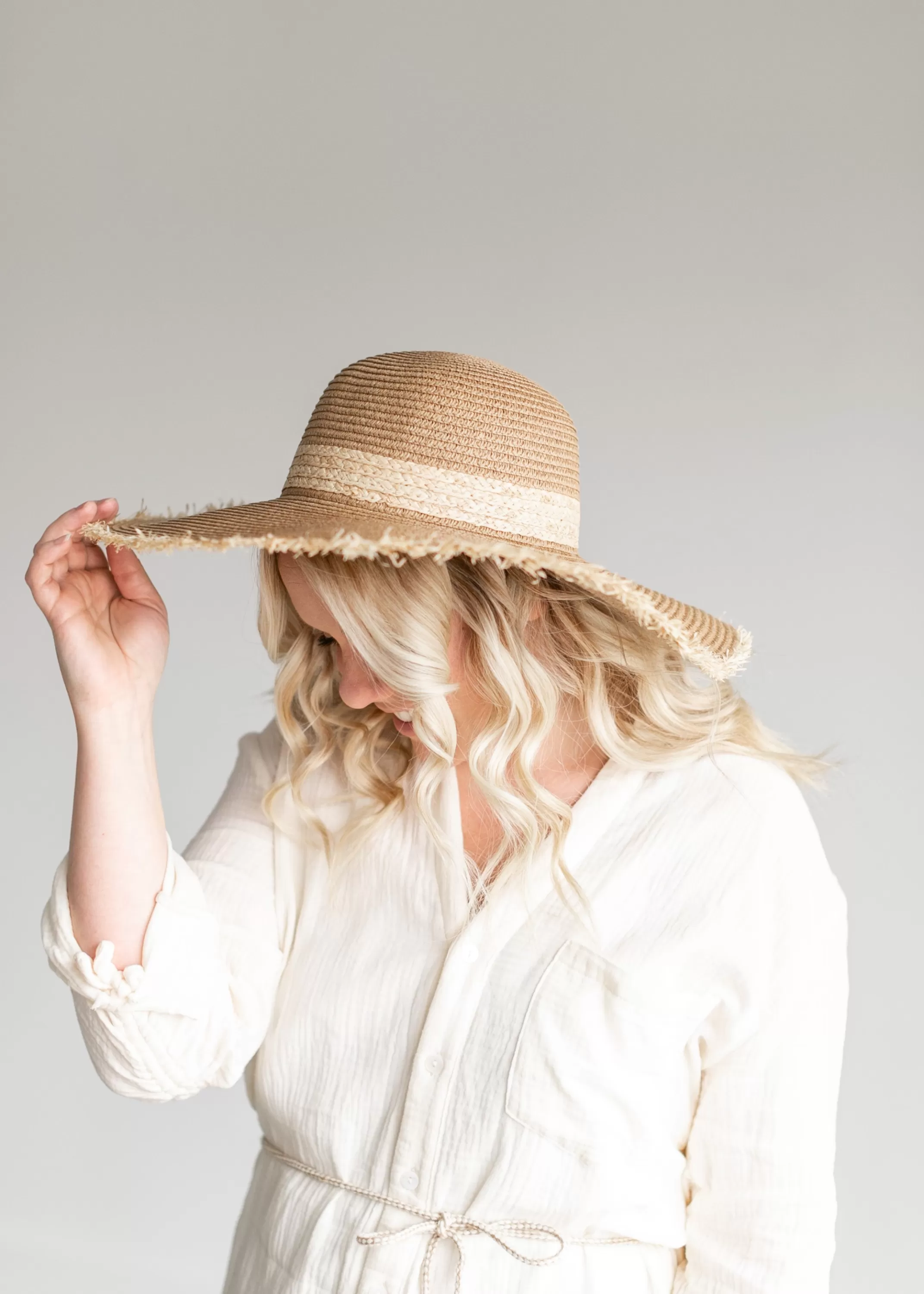 Outlet Taupe Frayed Edge Straw Floppy Hat Women Accessories