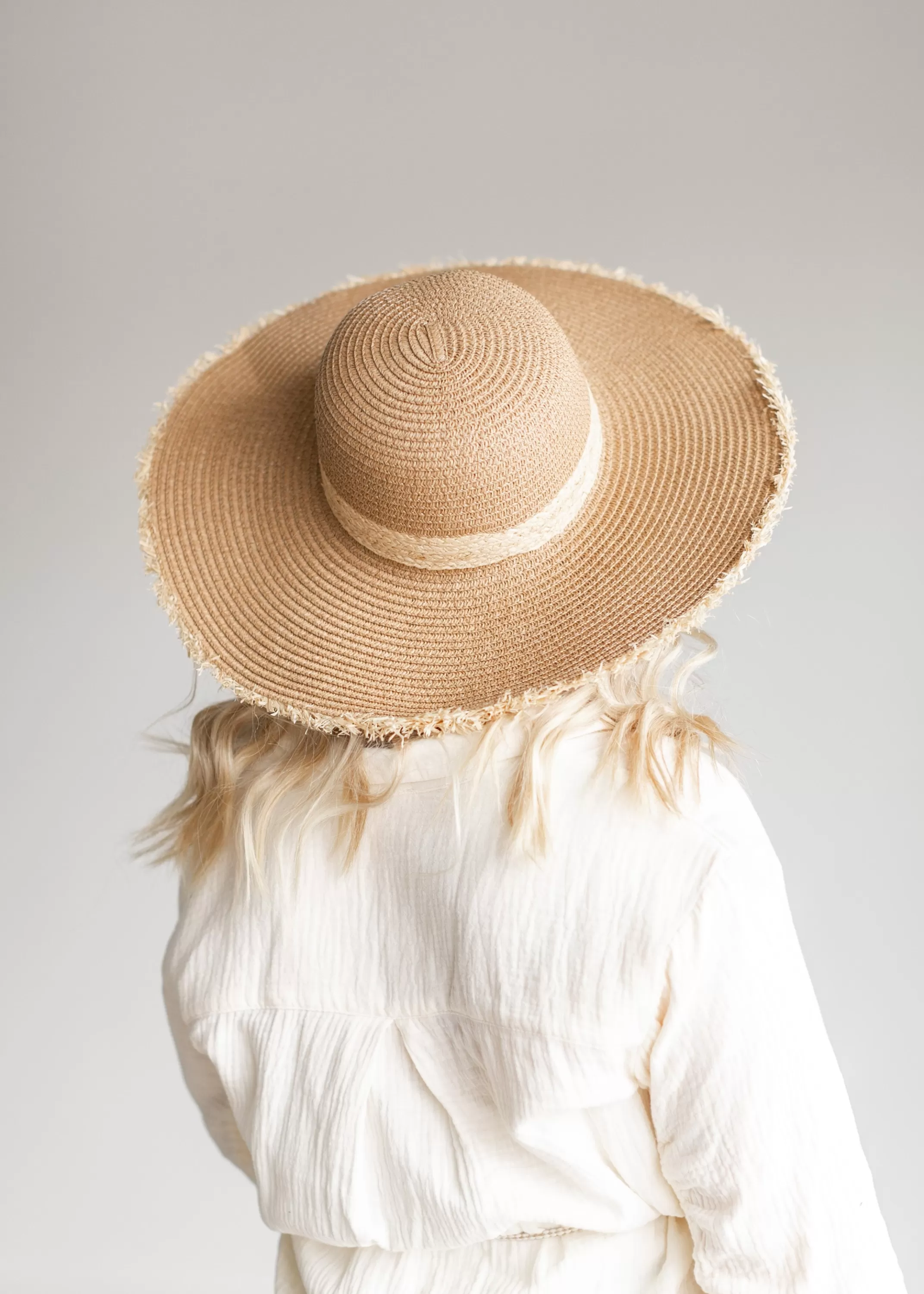 Outlet Taupe Frayed Edge Straw Floppy Hat Women Accessories