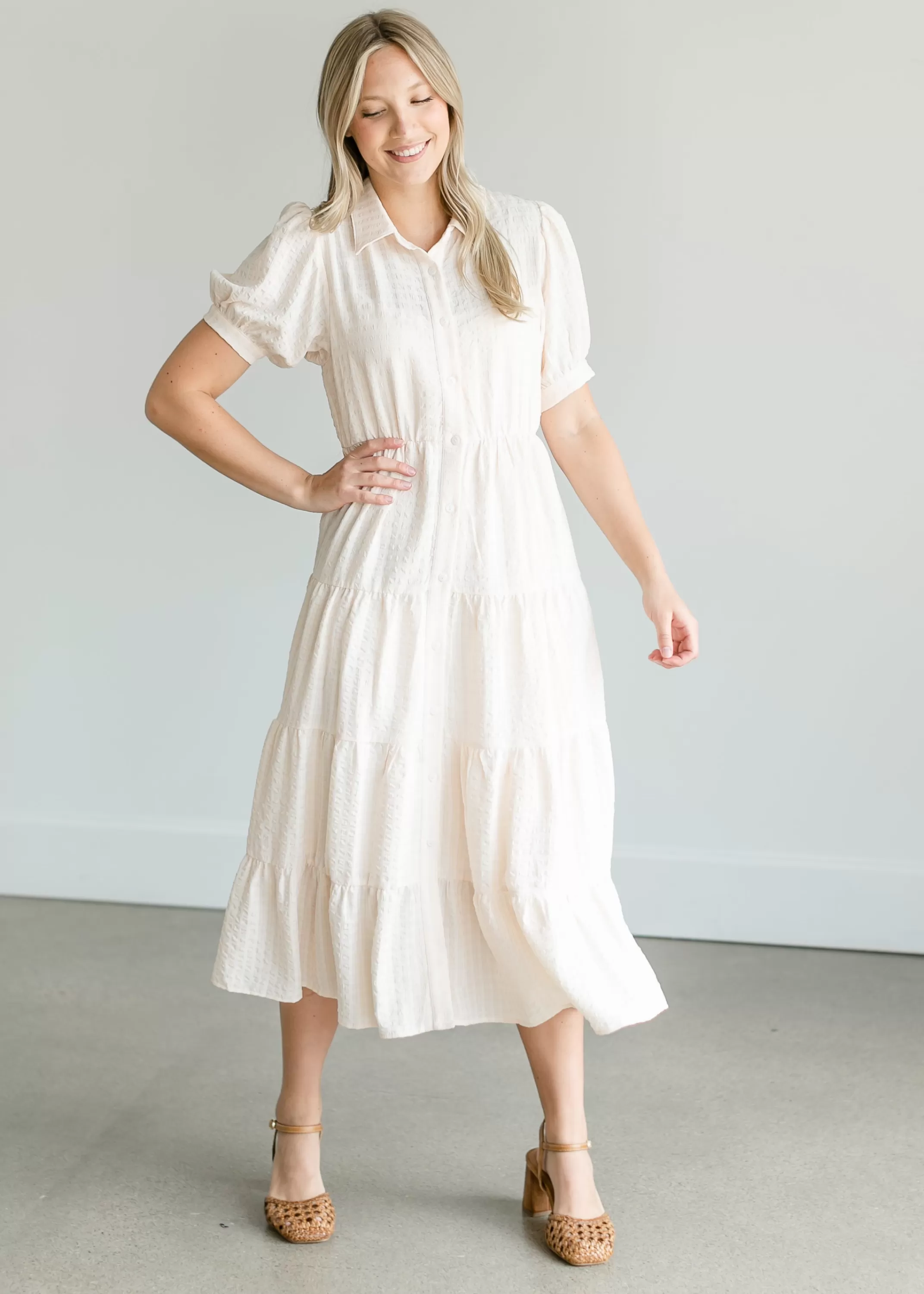 Fashion Tiered Short Sleeve Midi Shirtdress Women Nursing Friendly