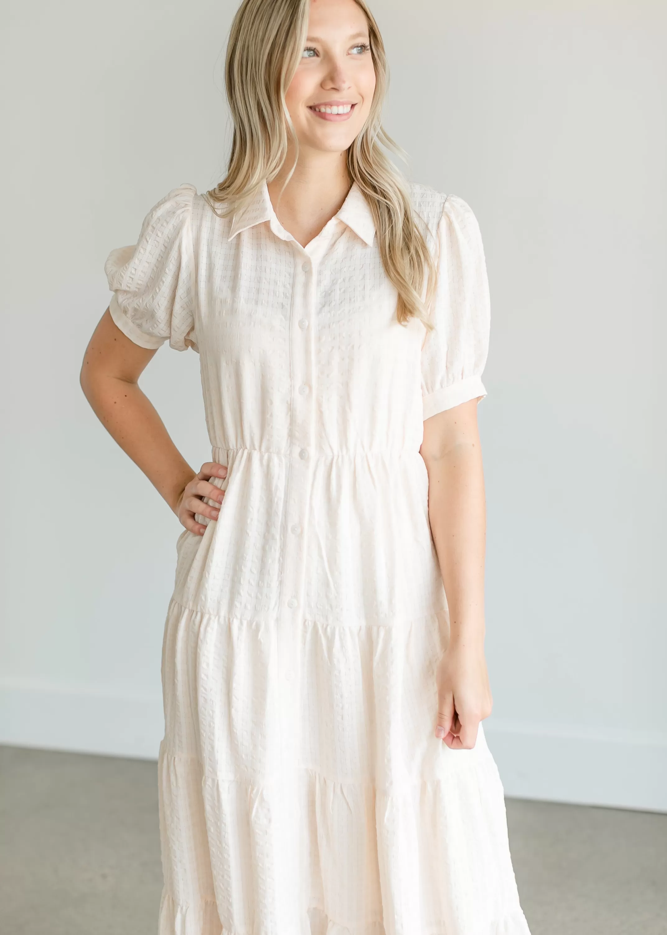 Fashion Tiered Short Sleeve Midi Shirtdress Women Nursing Friendly