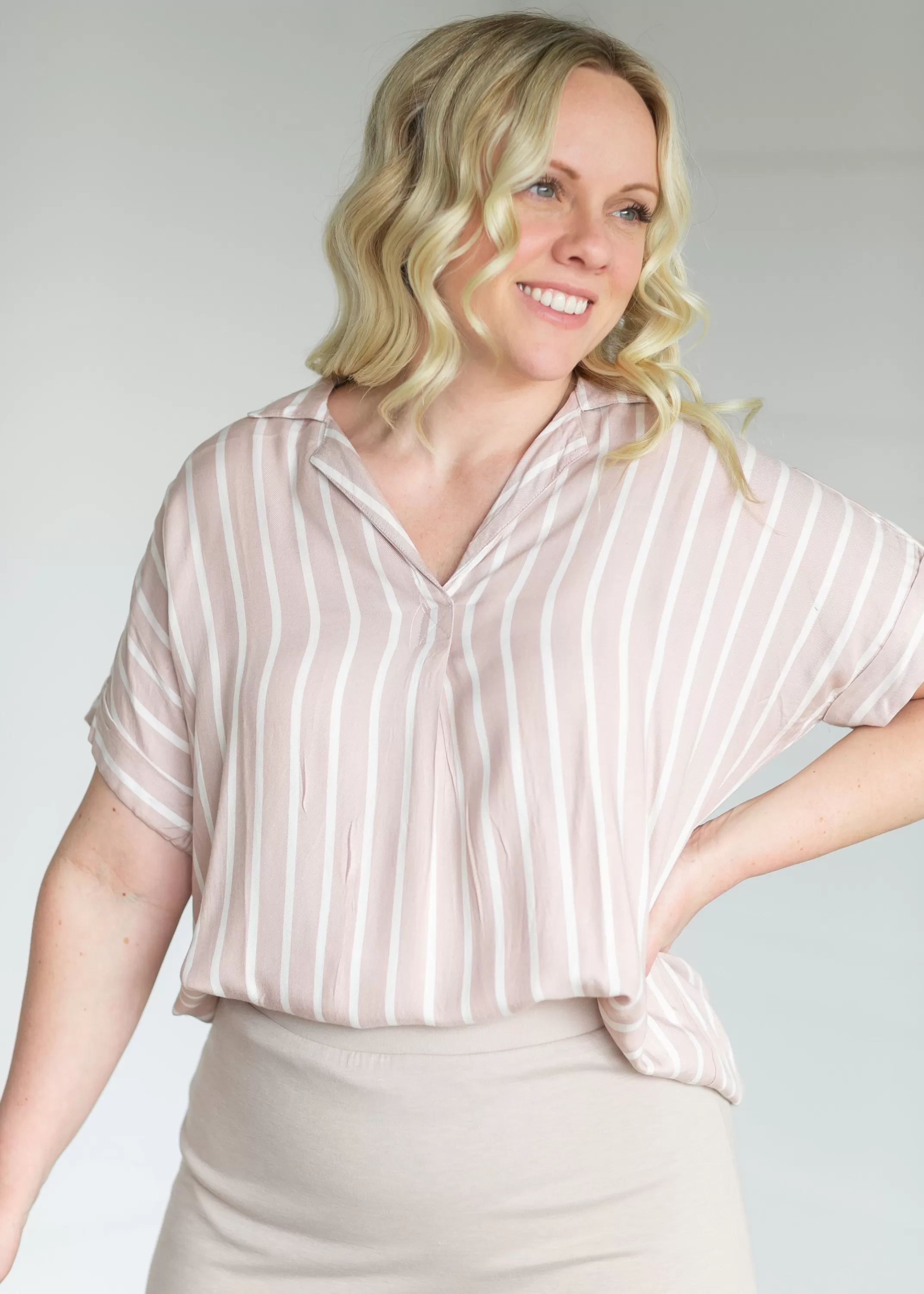 Fashion Valencia Pink Stripe Collared Top Women Nursing Friendly