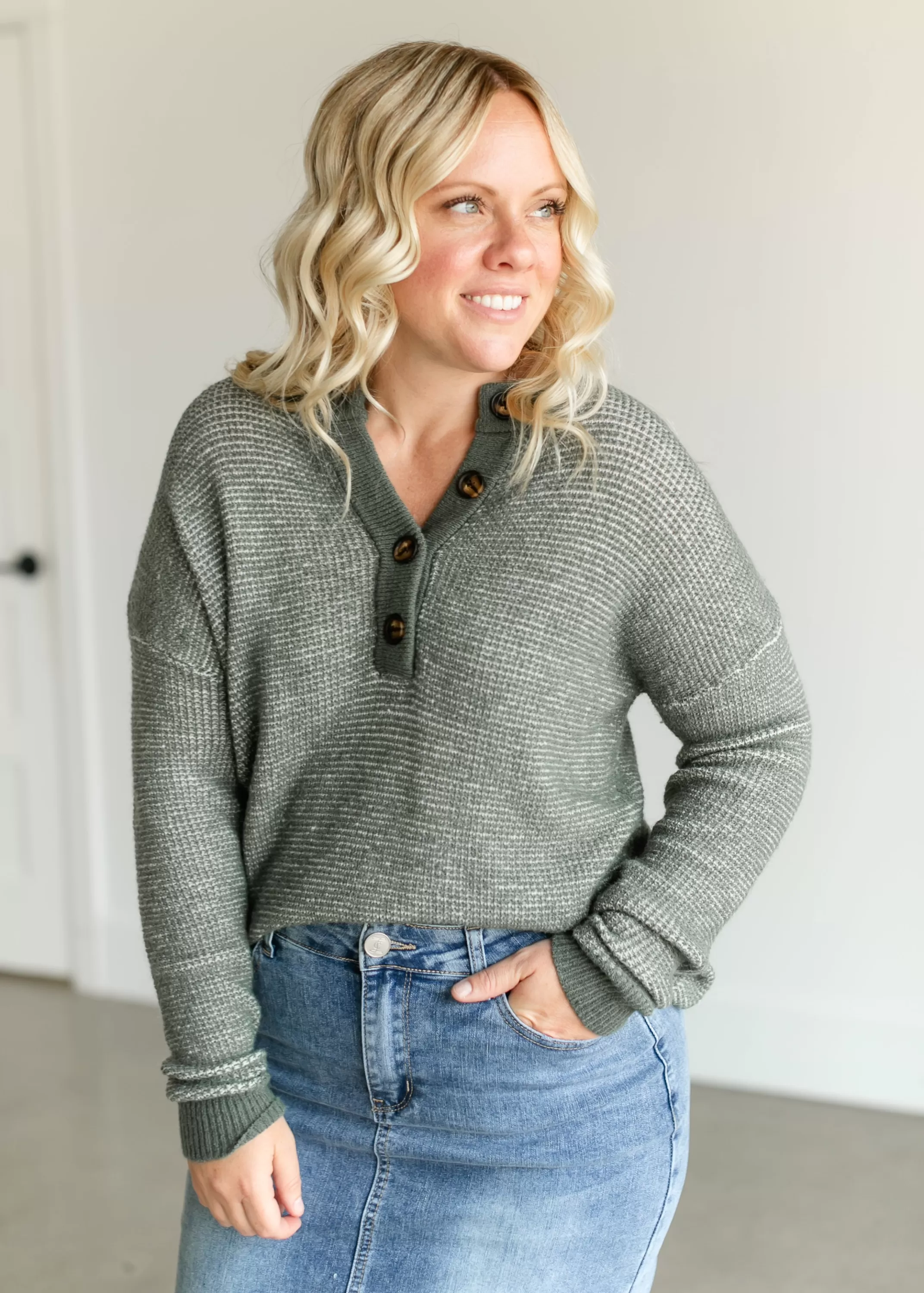 Shop Waffle Henley Neck Sweater Women Nursing Friendly