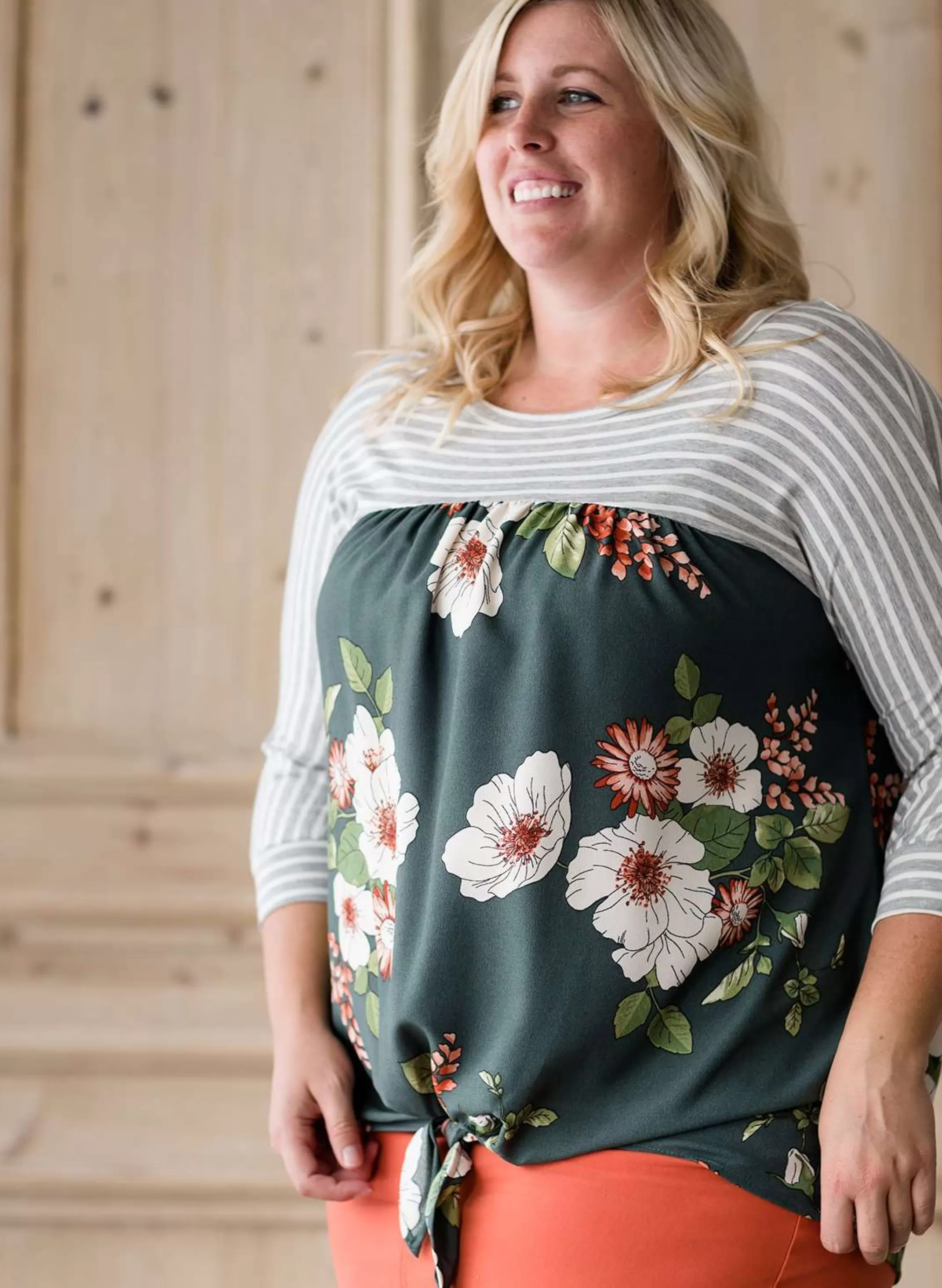 Online Women's Modest Striped Floral Mix Top | Inherit Clothing Company Women Plus Size